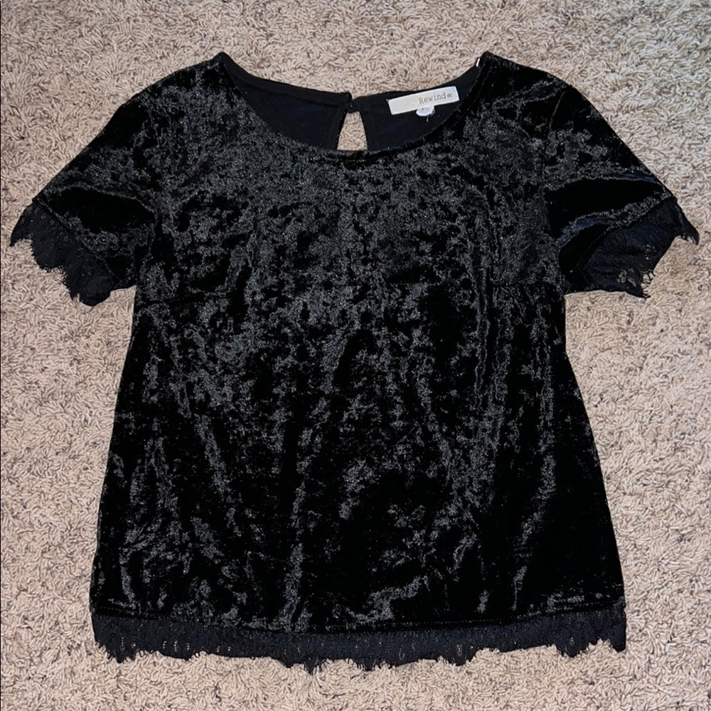 Rewind Black Velvet Short Sleeve Blouse with Lace